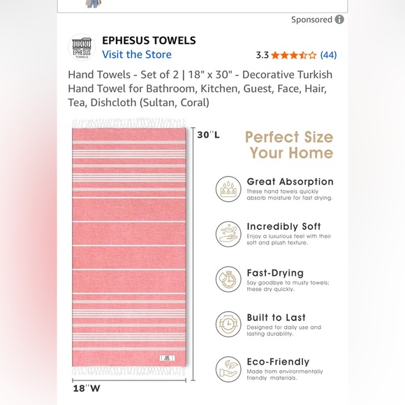 Ephesus Turkish Hand Towels - coral and White - Picture 6 of 7